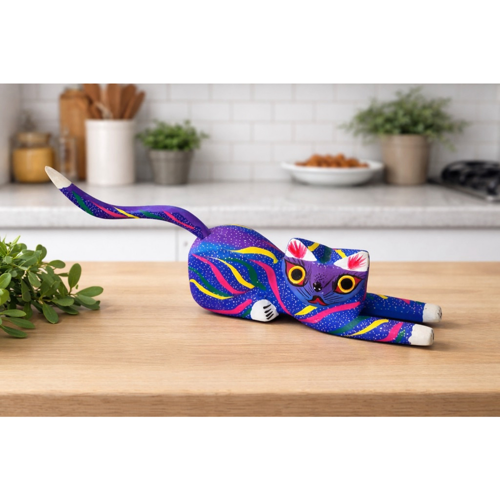 Luis Sosa Galvo Alebrije Cat Figurine - Hand-Carved Wooden Folk Art
